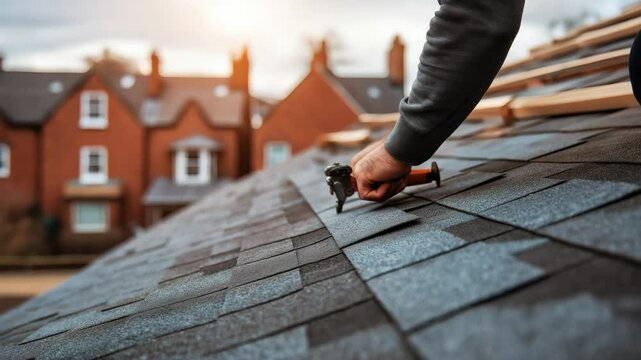 Close-up of man nailing asphalt shingles on rooftop during sunset &mdash; construction video for roofing services, home renovation content, or DIY tutorials, with copy space on right
