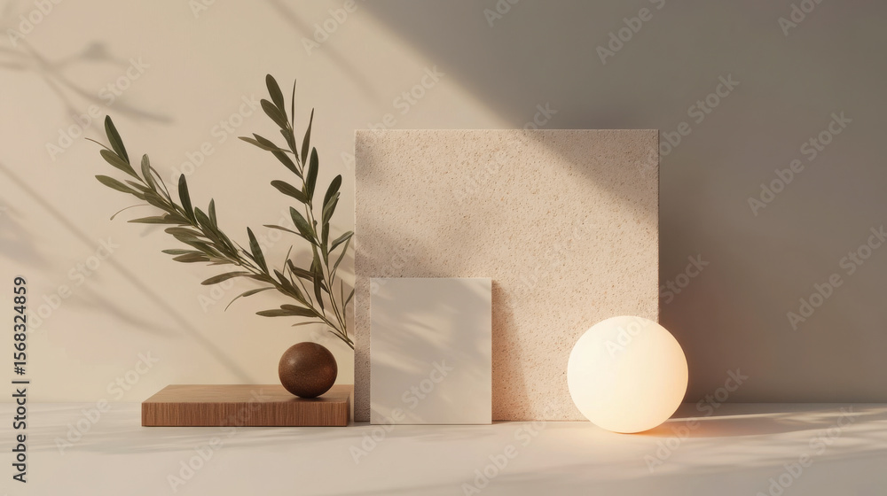 Poster decorative arrangement of natural materials and soft lighting creating a calming atmosphere in a min