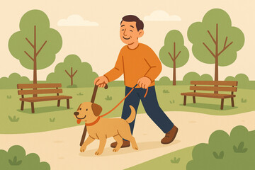 Illustration of Man with Cane Walking Dog Happily Along Park Path