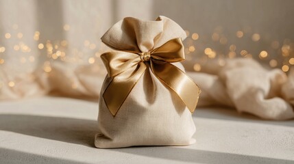 Light beige fabric gift bag with gold ribbon bow,  soft lighting