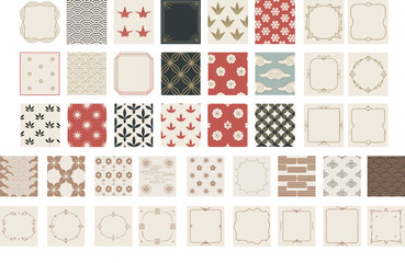 Japanese-inspired seamless patterns and elegant frames; minimalist design, neutral color palette, sophisticated mood.