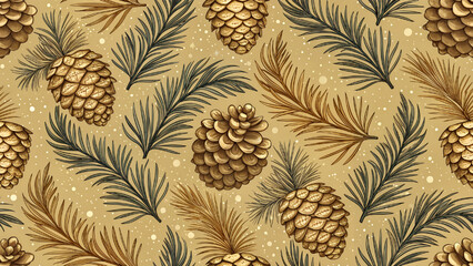 Vector illustration of seamless pattern. Pattern of pine fruits and pine leaves on a golden brown background.