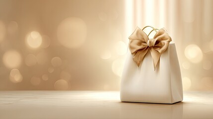 Cream gift bag with gold ribbon bow.  Soft lighting, bokeh background