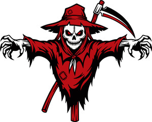 Fototapeta premium Evil Red Scarecrow with Scythe – Creepy Halloween Horror Character Vector Illustration