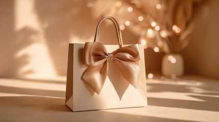 A beige gift bag with a light taupe ribbon bow, sits on a light beige surface bathed in warm sunlight