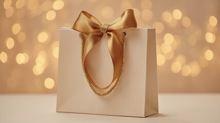Cream-colored paper shopping bag with golden ribbon bow, against a bokeh background of warm lights