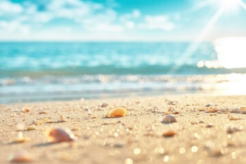 Obraz premium Sunny Beach with Seashells and Blue Ocean View on Tropical Sandy Shoreline