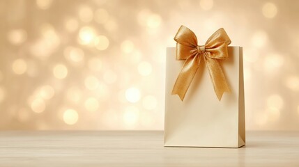 Beige gift bag with gold ribbon bow on a light wooden surface, blurred golden bokeh background