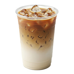 Iced latte with milk and ice in a clear cup isolated on transparent background