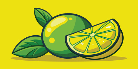 Two Stylized Green Limes with Leaves Yellow Background