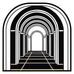 Vector illustration of an old stone archway, perfect for architecture, church, or monastery designs, offering a perspective of a long, light-filled corridor or a historic building interior on a white 