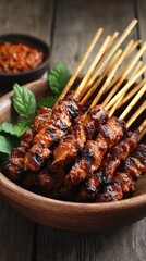 Wooden bowl filled with grilled skewers of meat, garnished with fresh herbs, and a small bowl of spicy sauce
