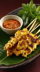 Grilled chicken satay on a bed of banana leaf with a side of spicy peanut sauce