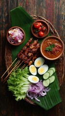 A high-angle view of a Southeast Asian platter with satay, dipping sauce, vegetables, and eggs