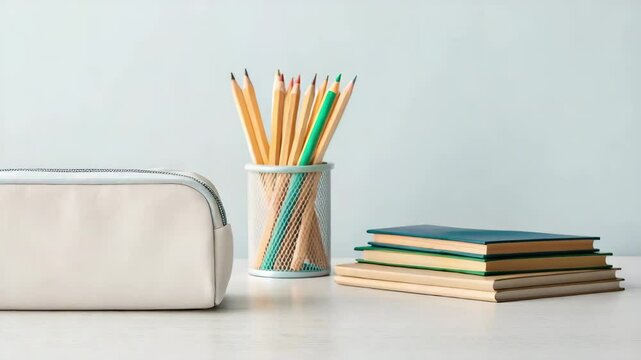 Stationery items with colored pencils, books, and pencil case on table  