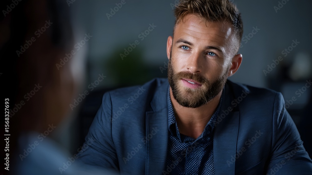 Poster financial advisor discussing savings strategy with client in professional setting