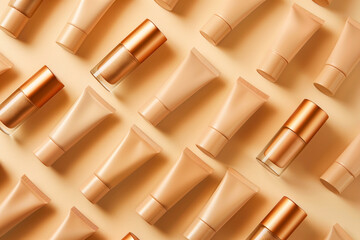 Foundation tubes and cosmetic bottles arranged in seamless pattern