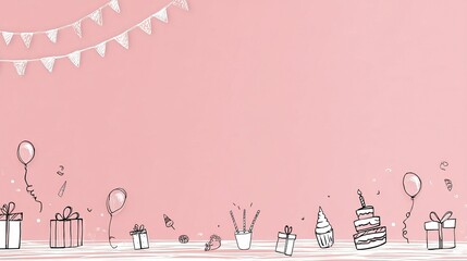 Pink background with hand-drawn birthday elements, festive and cheerful
