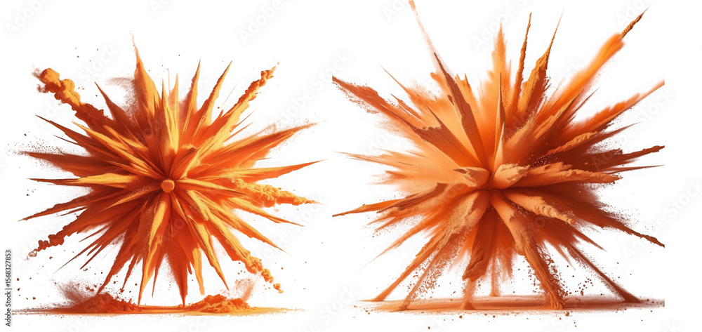 Poster two vibrant orange powder explosions isolated on transparent background create a dynamic abstract ef