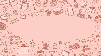 Doodles of gifts, cakes, and candies in a sketched style around a blank space