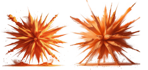 Two vibrant orange powder explosions isolated on transparent background create a dynamic abstract effect