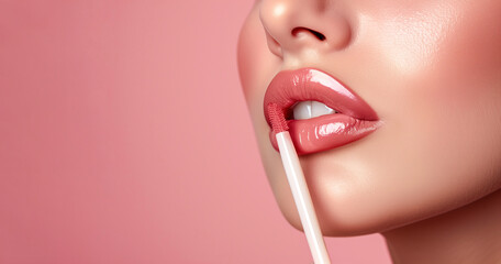 Glossy lips with pink lip gloss being applied close-up