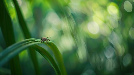 Close-up of small tick insect on green leaf in forest environment, symbolizing danger of Lyme disease and tick-borne infections in nature. Health risk and parasite concept.