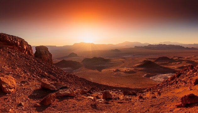 martian sunset red planet landscape desert rocks craters space exploration