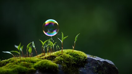 Macro photography of bubble on moss with plants nature background wallpaper green aesthetic