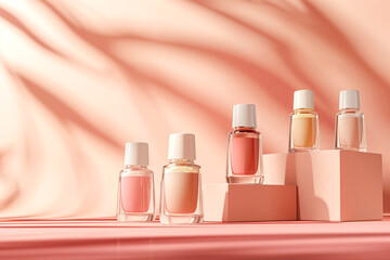 Nail polish bottles in pastel colors on soft fabric background