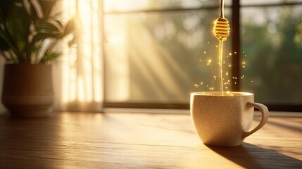 Honey dripping into a cup of tea by a sunny window