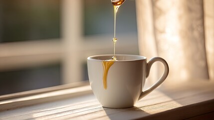 Honey pouring into a white mug by a window. Sunlight streams through