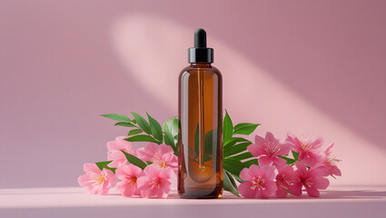 Amber Bottle with Pink Flowers on Soft Pastel Background – Minimalist Product Scene