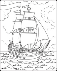 Beautiful ship on sea water in natural sky scenery black vector line art illustration for children coloring page or book design