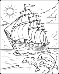Beautiful ship on sea water in natural sky scenery black vector line art illustration for children coloring page or book design