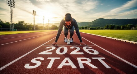 Starting Line Challenge: A determined athlete prepares for the 2026 challenge, poised at the starting line under a brilliant sky and amidst rolling hills.