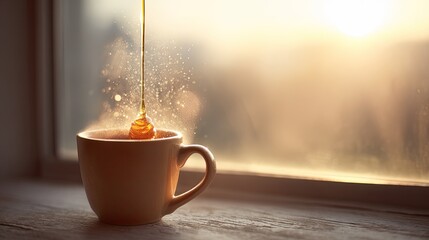 Golden honey poured into a warm cup by a window at sunset