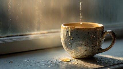 Golden sunlight streams through a window, illuminating a light-blue speckled teacup as liquid pours into it