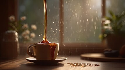 Coffee pouring into a small cup by a window. Sunlight streams through the window, creating a warm, inviting atmosphere