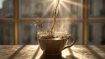 Coffee in a cup, pouring, sunlit window