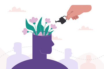 The silhouette of a human head, on which flowers bloom after watering. A symbol of mental health, psychotherapy, personal development and self-help.