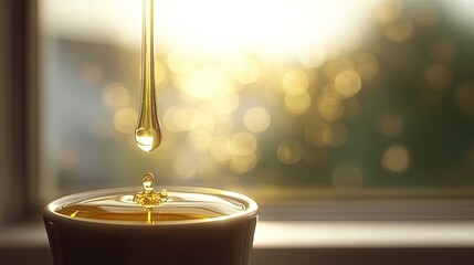 Honey dripping into a small bowl by a window. Sunlight filters through