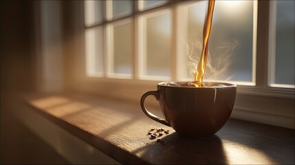 Warm coffee pours into a mug by a window at sunrise. Sunlight streams through panes