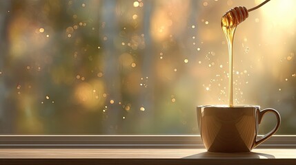 Honey poured into a cup by a window