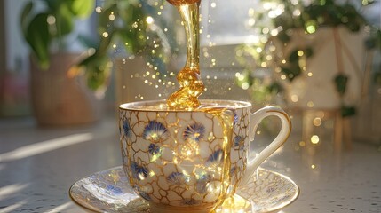Honey pours into ornate teacup, sunlight and splashes