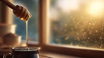 Honey dripping from a dipper into a mug by a window at sunrise