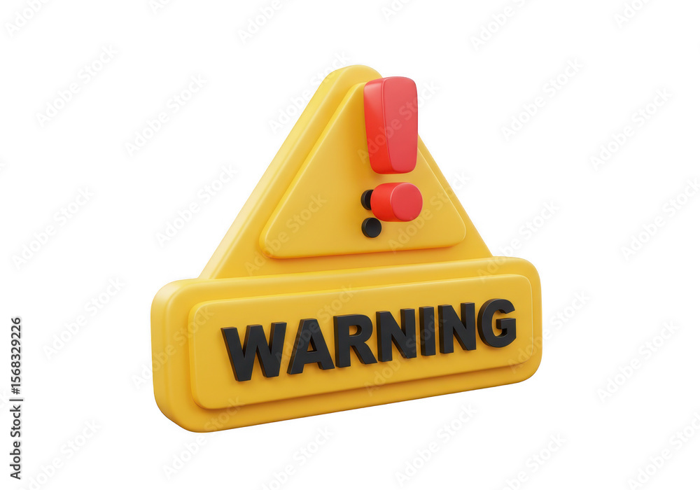 Poster 3d yellow warning sign with exclamation mark isolated on transparent background