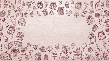 Hand-drawn gifts and desserts in a pink border with a blank pink center