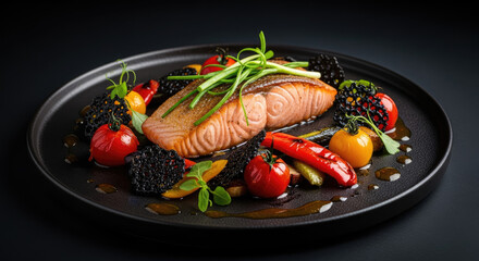 Gourmet Salmon Dish with Roasted Vegetables and Black Grains