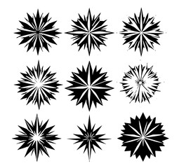 Nine Abstract Starburst Designs: A collection of nine monochrome line art starburst illustrations, showcasing varied designs and sharp, pointed rays against a white background.